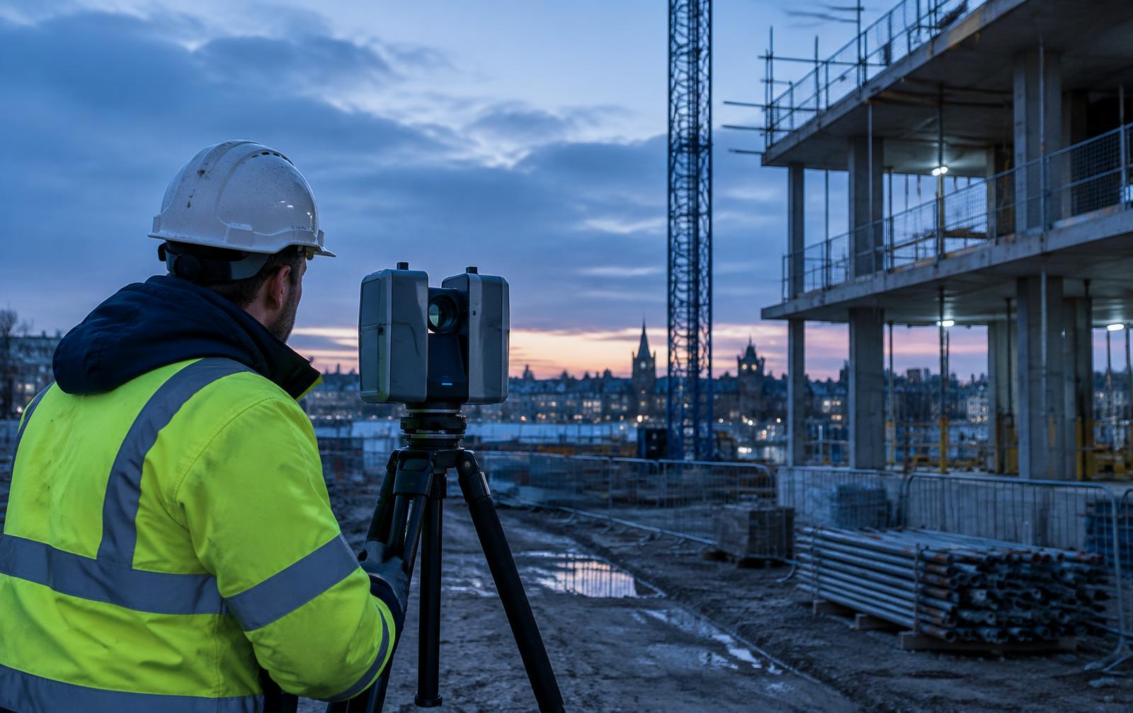 Surveyor operating a laser scanner on a construction site